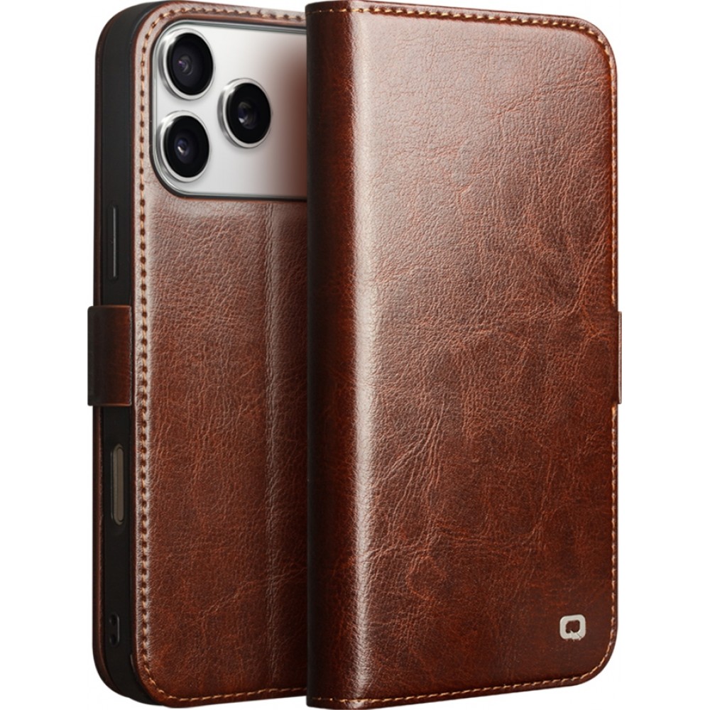 Fourre iPhone 17 Pro Max - Flip Qialino cuir véritable avec fermeture magnétique - Brun