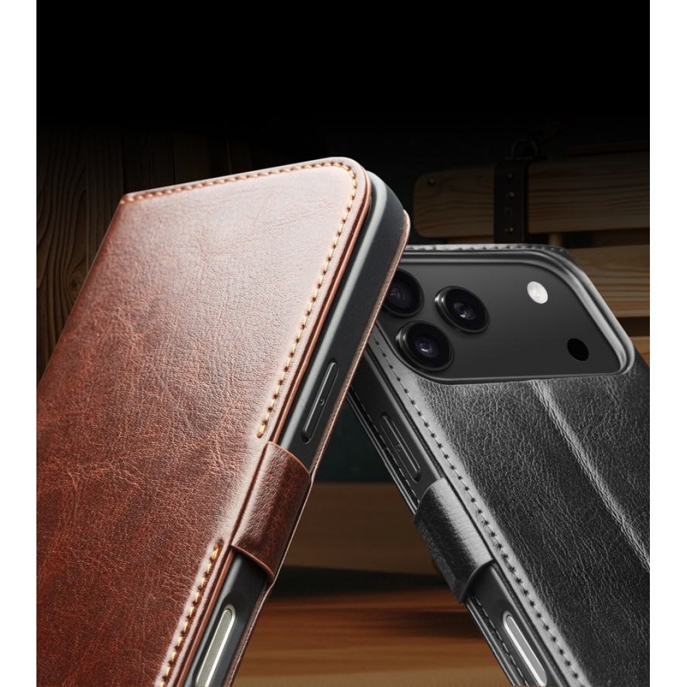 Fourre iPhone 17 Pro Max - Flip Qialino cuir véritable avec fermeture magnétique - Brun
