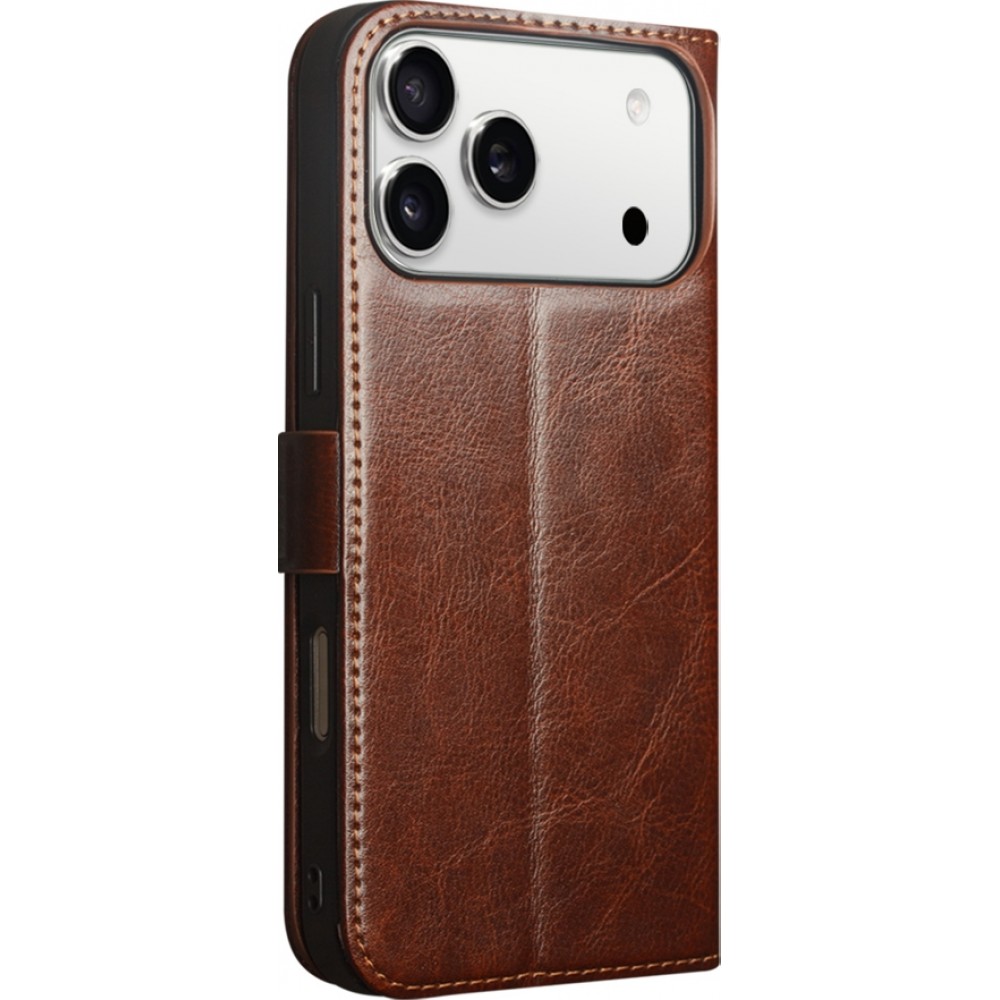 Fourre iPhone 17 Pro Max - Flip Qialino cuir véritable avec fermeture magnétique - Brun