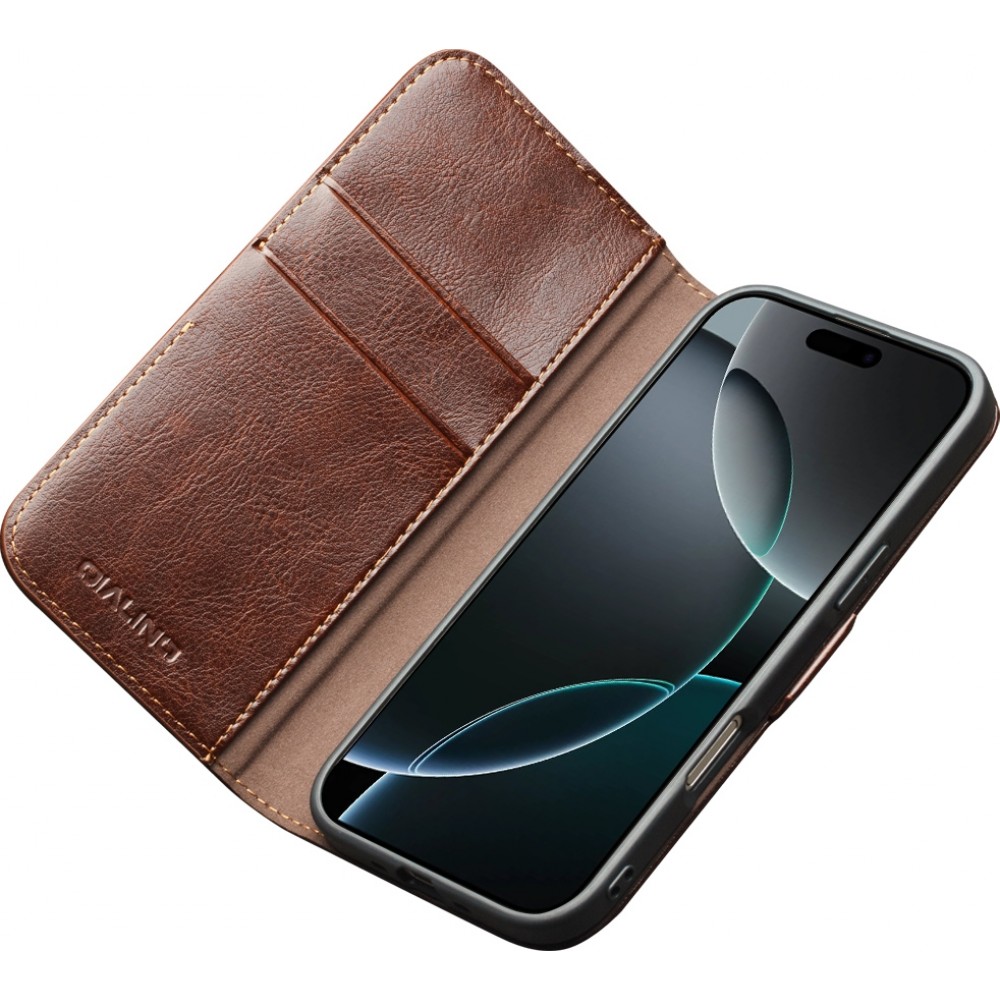 Fourre iPhone 17 Pro Max - Flip Qialino cuir véritable avec fermeture magnétique - Brun