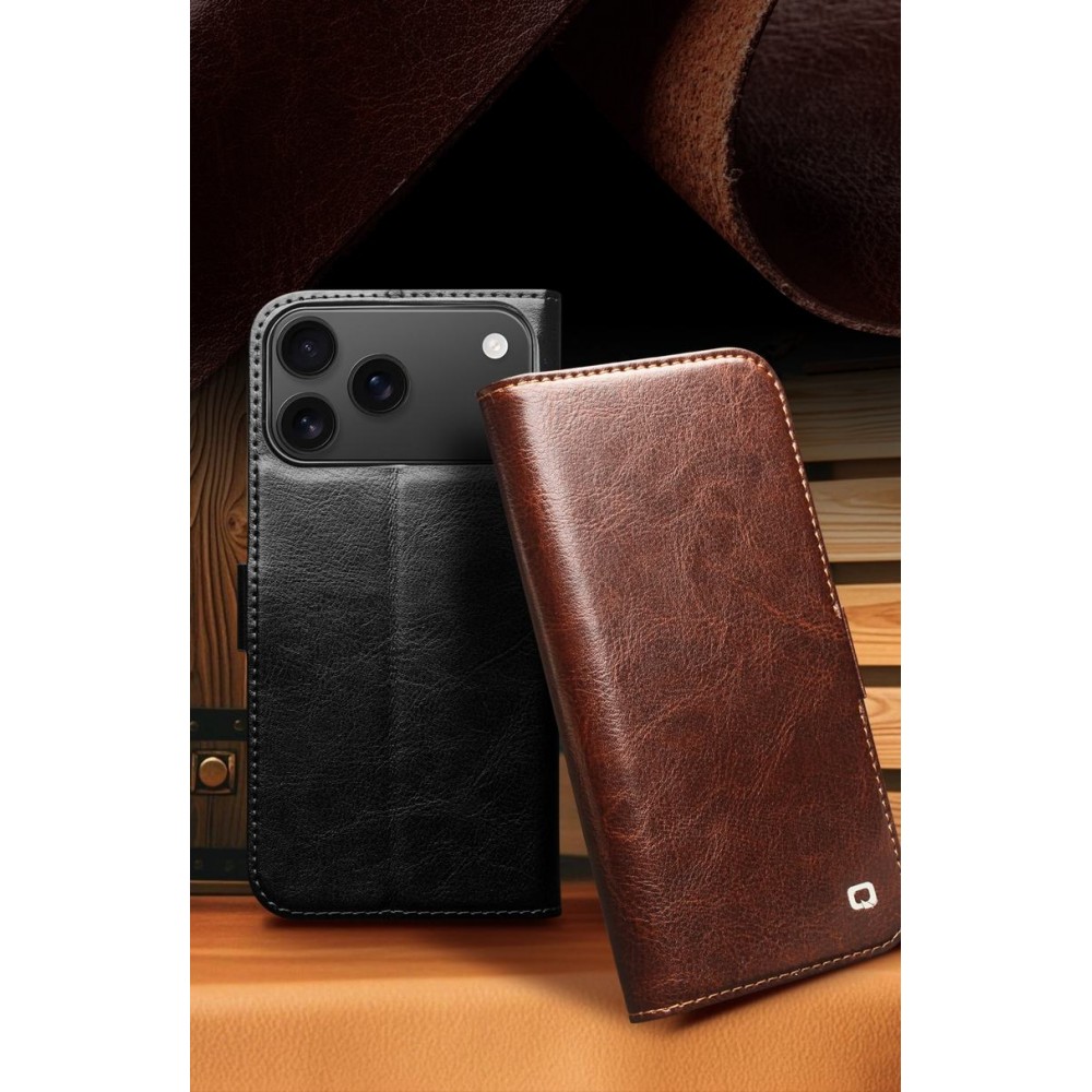 Fourre iPhone 17 Pro Max - Flip Qialino cuir véritable avec fermeture magnétique - Brun
