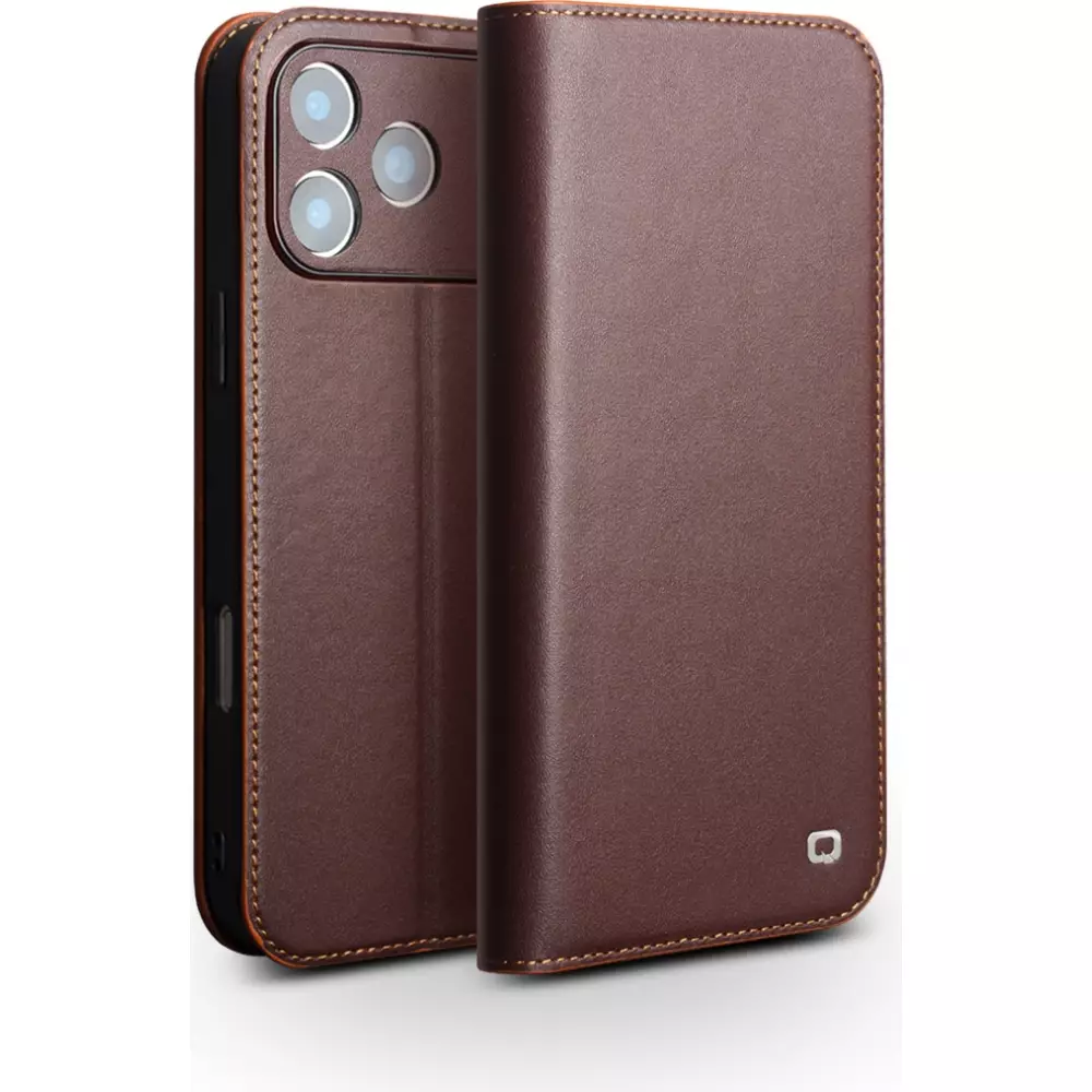 Fourre iPhone 17 Pro Max - Flip Qialino Matt Wallet cuir véritable - Brun foncé mat