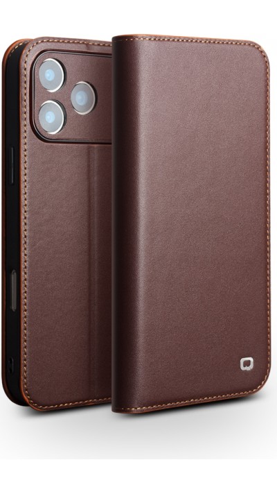 Fourre iPhone 17 Pro Max - Flip Qialino Matt Wallet cuir véritable - Brun foncé mat