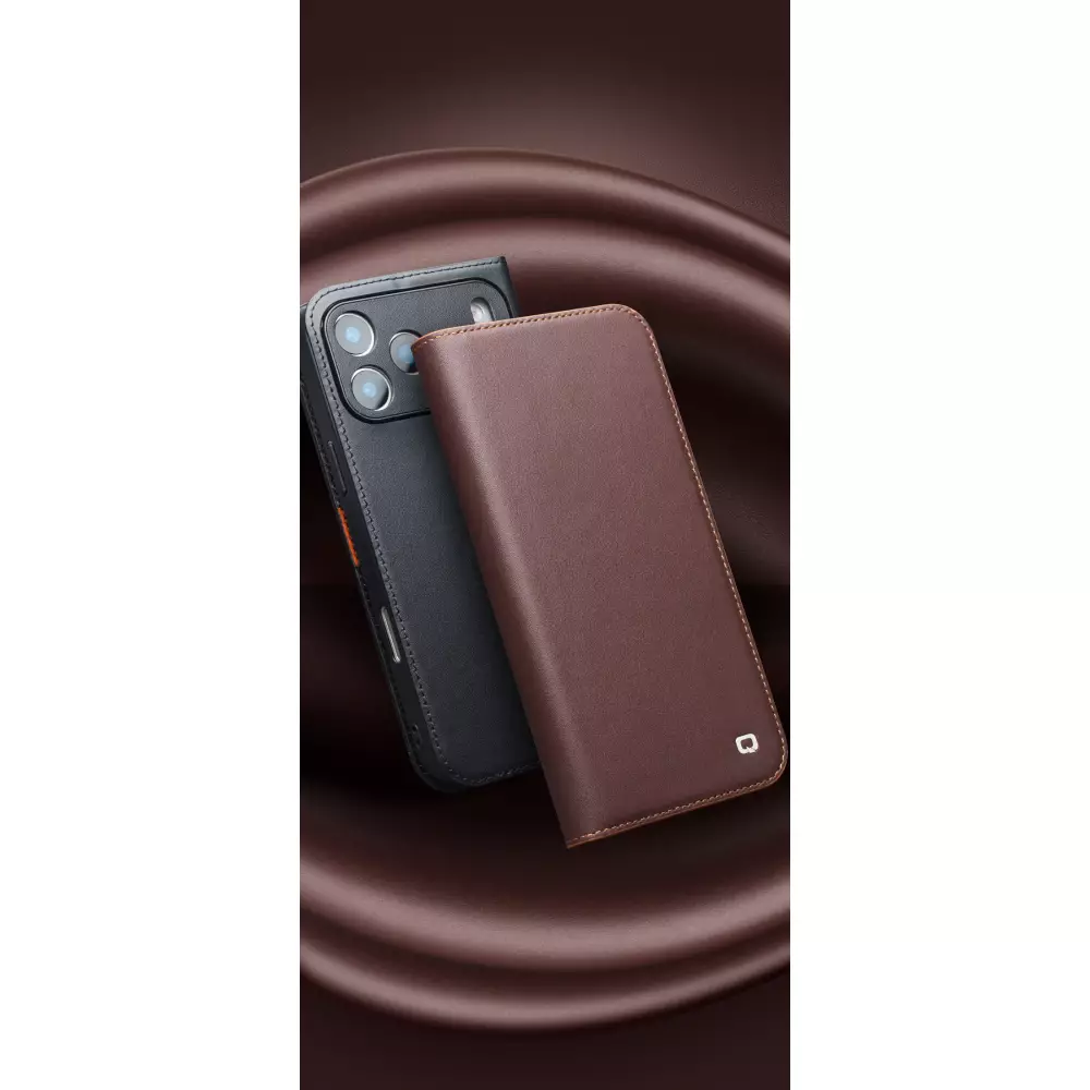 Fourre iPhone 17 Pro Max - Flip Qialino Matt Wallet cuir véritable - Brun foncé mat