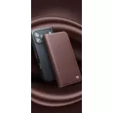 Fourre iPhone 17 Pro Max - Flip Qialino Matt Wallet cuir véritable - Brun foncé mat