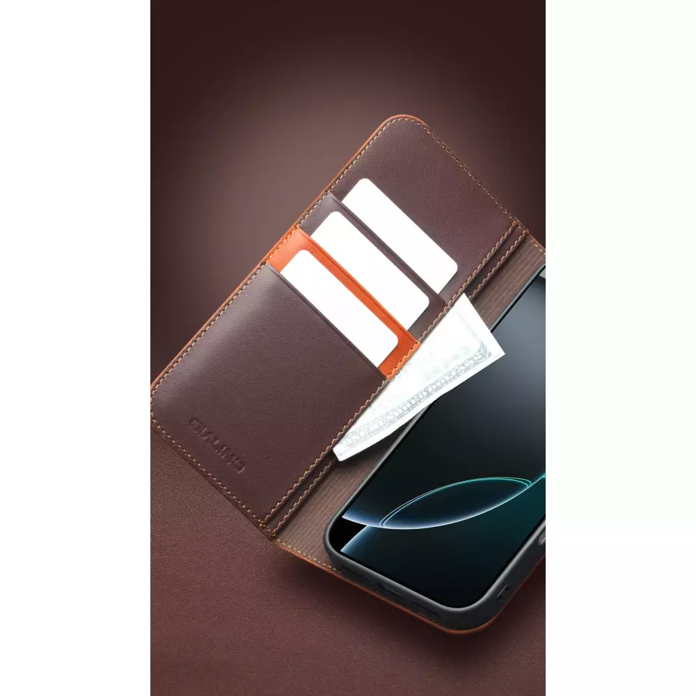 Fourre iPhone 17 Pro Max - Flip Qialino Matt Wallet cuir véritable - Brun foncé mat