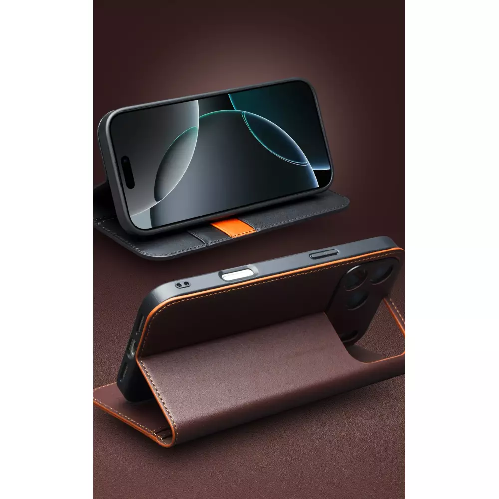 Fourre iPhone 17 Pro Max - Flip Qialino Matt Wallet cuir véritable - Brun foncé mat