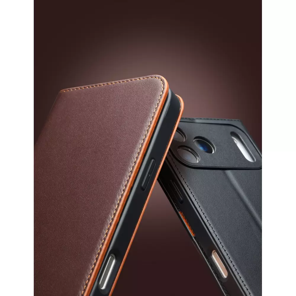 Fourre iPhone 17 Pro Max - Flip Qialino Matt Wallet cuir véritable - Brun foncé mat