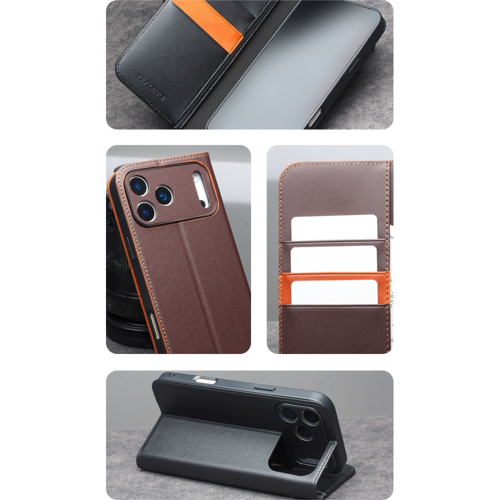 iPhone 17 Pro Max Case Hülle - Qialino Flip Matt Wallet Echtleder - Braun