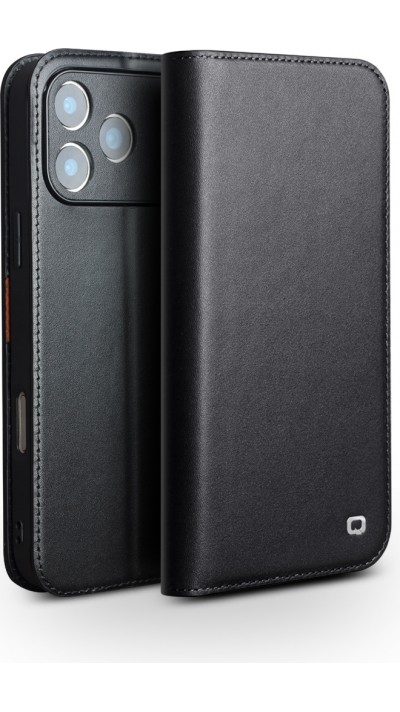 Fourre iPhone 17 Pro Max - Flip Qialino Matt Wallet cuir véritable - Noir