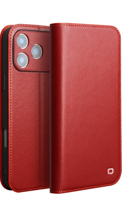 Fourre iPhone 17 Pro Max - Flip Qialino Matt Wallet cuir véritable - Rouge