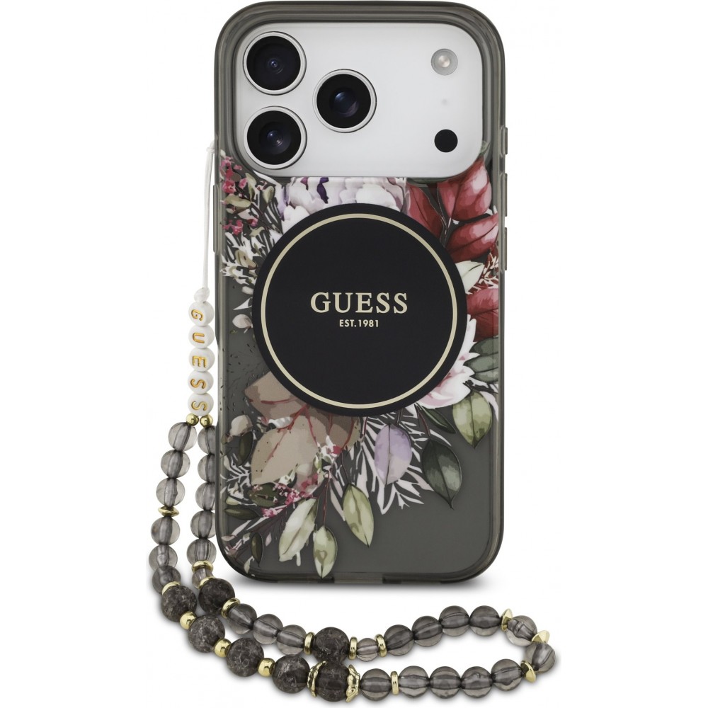 Coque iPhone 17 Pro - Guess IML fleurs avec chaîne poignet compatible MagSafe protection élégante et tendance - Noir