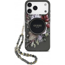 Coque iPhone 17 Pro Max - Guess IML fleurs avec cha&icirc;ne poignet compatible MagSafe protection &eacute;l&eacute;gante et tendance - Noir
