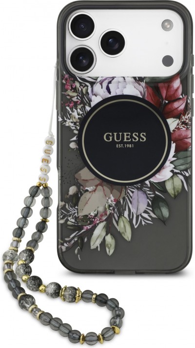 Coque iPhone 17 Pro Max - Guess IML fleurs avec chaîne poignet compatible MagSafe protection élégante et tendance - Noir
