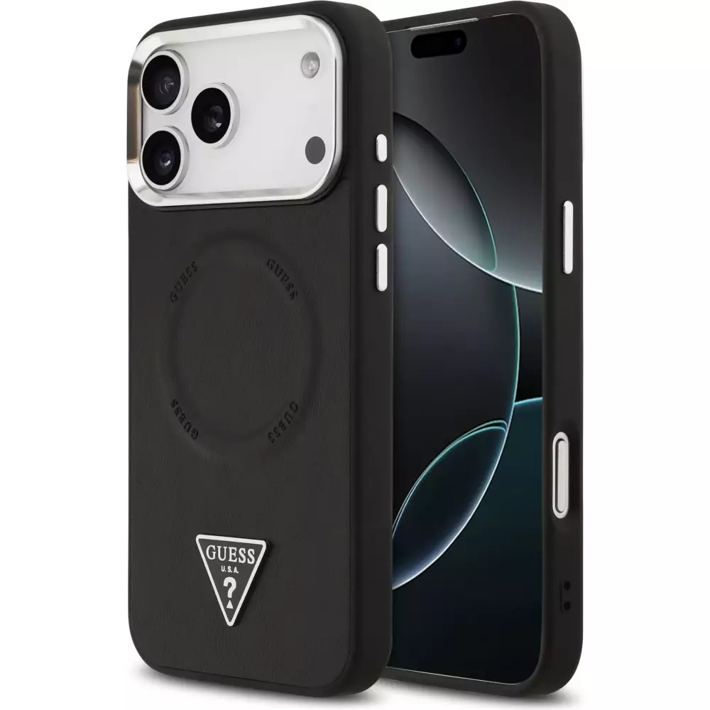 Coque iPhone 17 Pro Max - Guess MagSafe cuir PU avec logo triangle et cadre caméra métal argenté - Noir