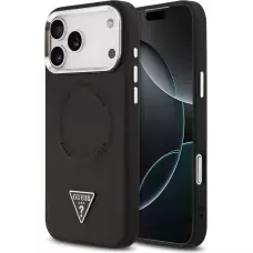Coque iPhone 17 Pro Max - Guess MagSafe cuir PU avec logo triangle et cadre caméra métal argenté - Noir