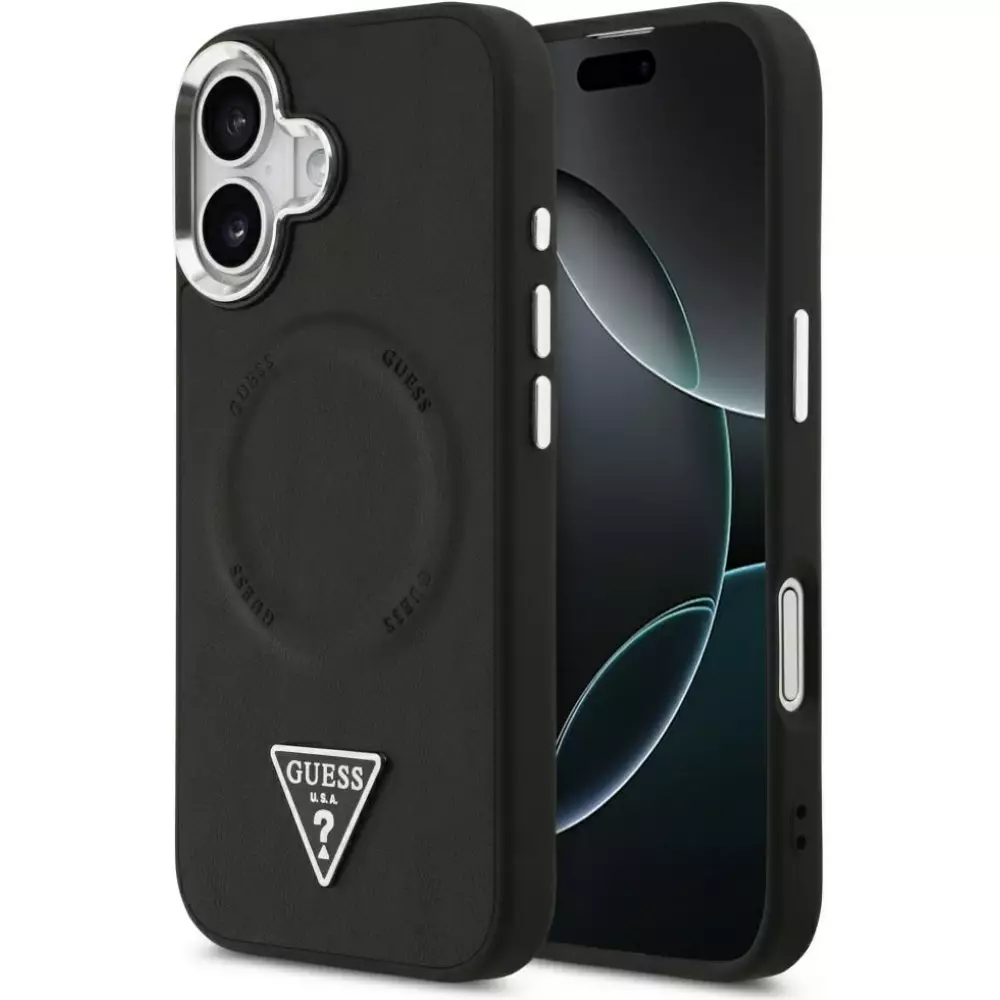 Coque iPhone 17 - Guess MagSafe cuir PU avec logo triangle et cadre caméra métal argenté - Noir