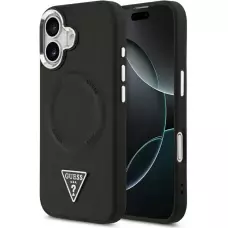 Coque iPhone 17 - Guess MagSafe cuir PU avec logo triangle et cadre caméra métal argenté - Noir