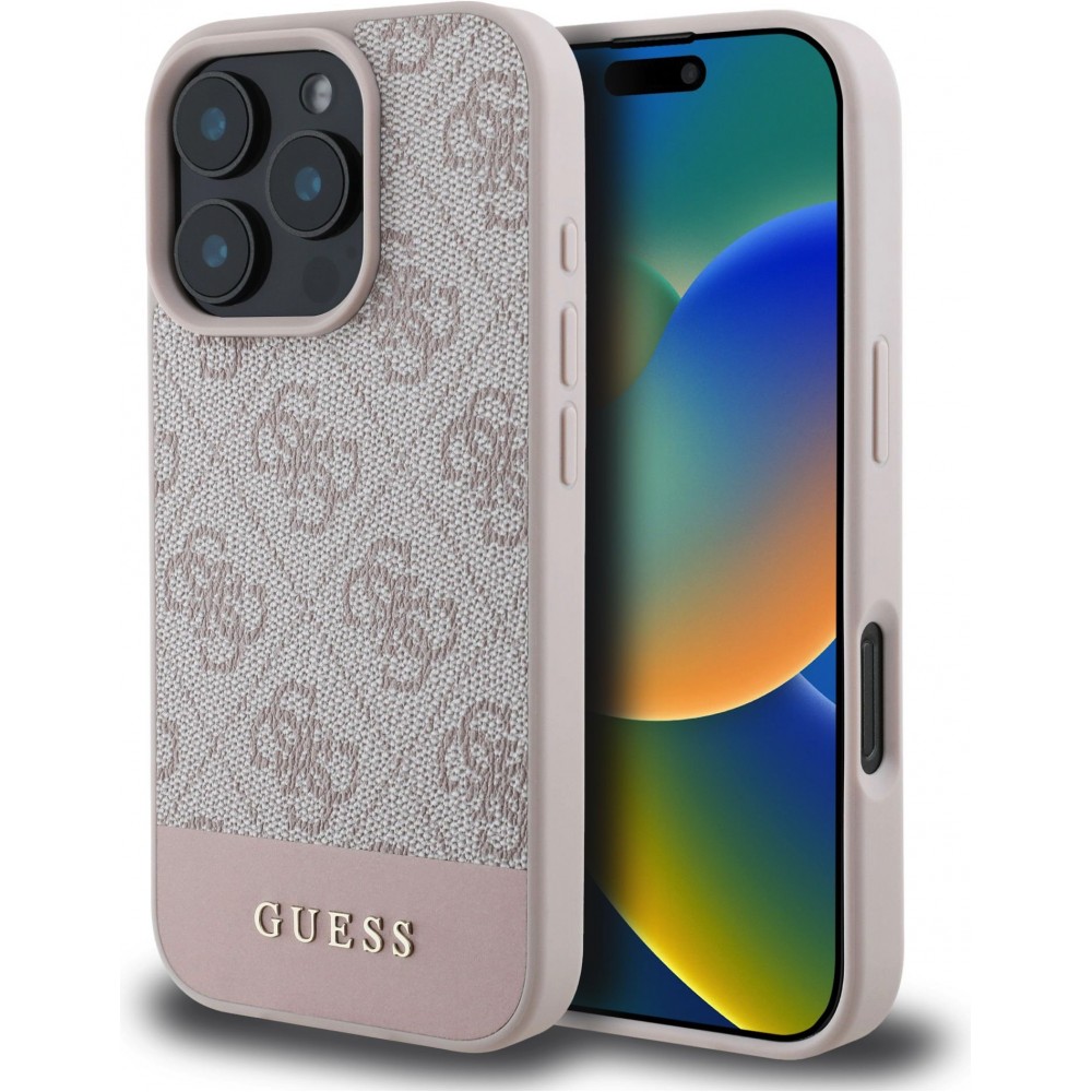 Coque iPhone 16 Pro Max - Guess pattern 4G avec logo 3D doré - Rose