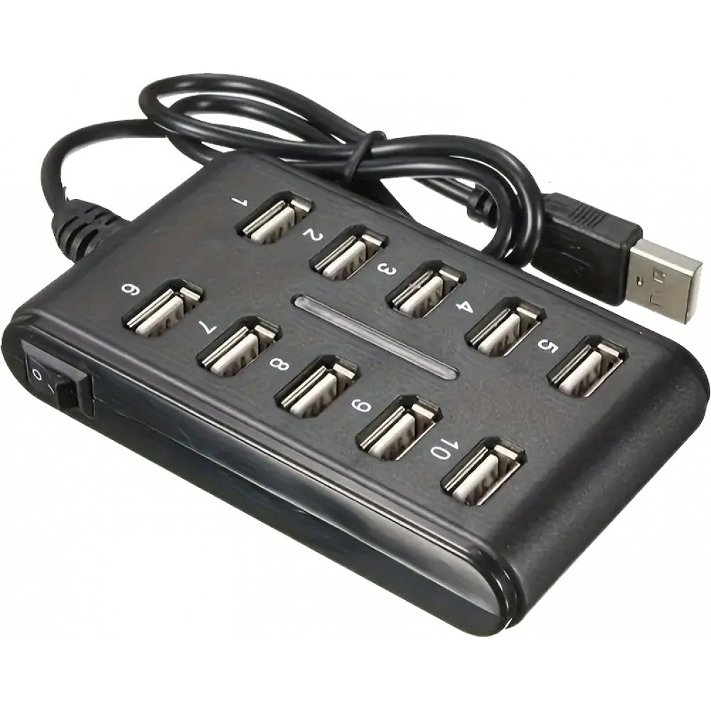 USB Hub 10 Ports mit Doppel-Schalter Kunststoff ABS für Home Office und Gaming - Schwarz