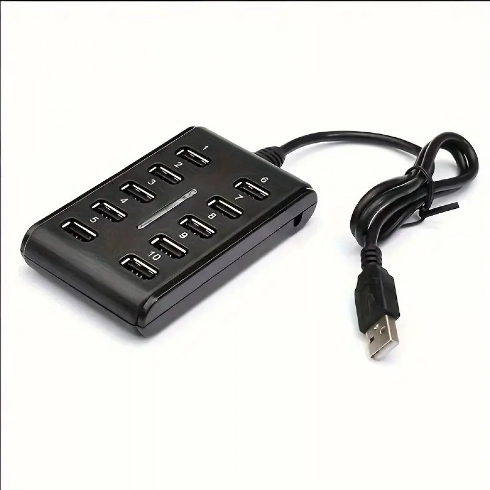 USB Hub 10 Ports mit Doppel-Schalter Kunststoff ABS für Home Office und Gaming - Schwarz