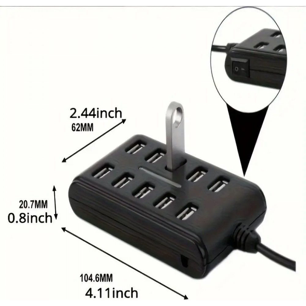 USB Hub 10 Ports mit Doppel-Schalter Kunststoff ABS für Home Office und Gaming - Schwarz
