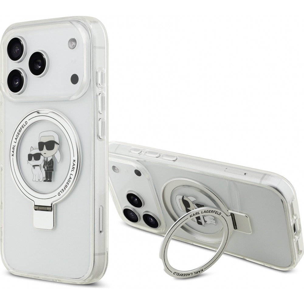 Coque iPhone 17 Pro - Karl Lagerfeld et Choupette Ringstand MagSafe avec anneau support - Blanc