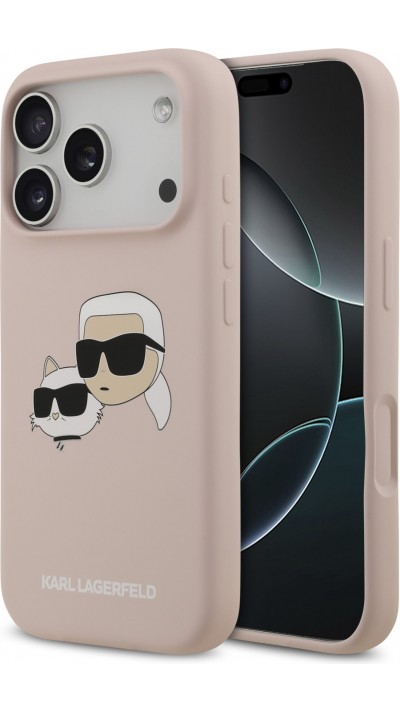 Coque iPhone 17 Pro - Karl Lagerfeld Liquid en silicone avec design tête Karl et Choupette compatible MagSafe - Rose