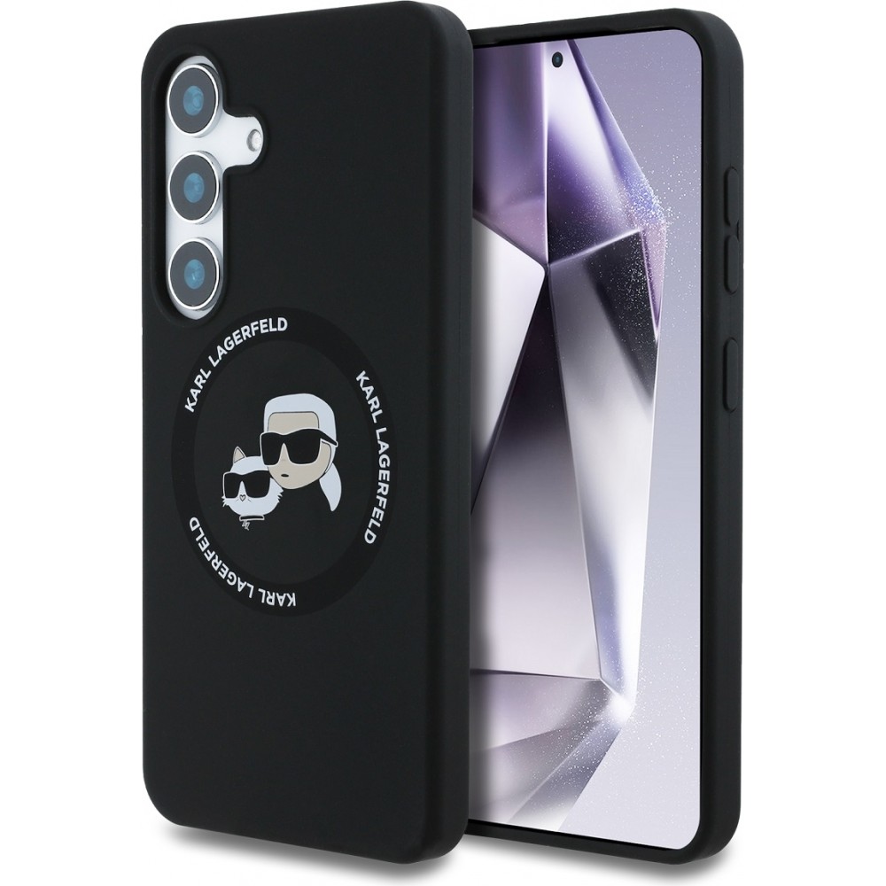 Coque Samsung Galaxy S25 - Karl Lagerfeld Liquid en silicone avec design Karl et Choupette compatible MagSafe - Noir