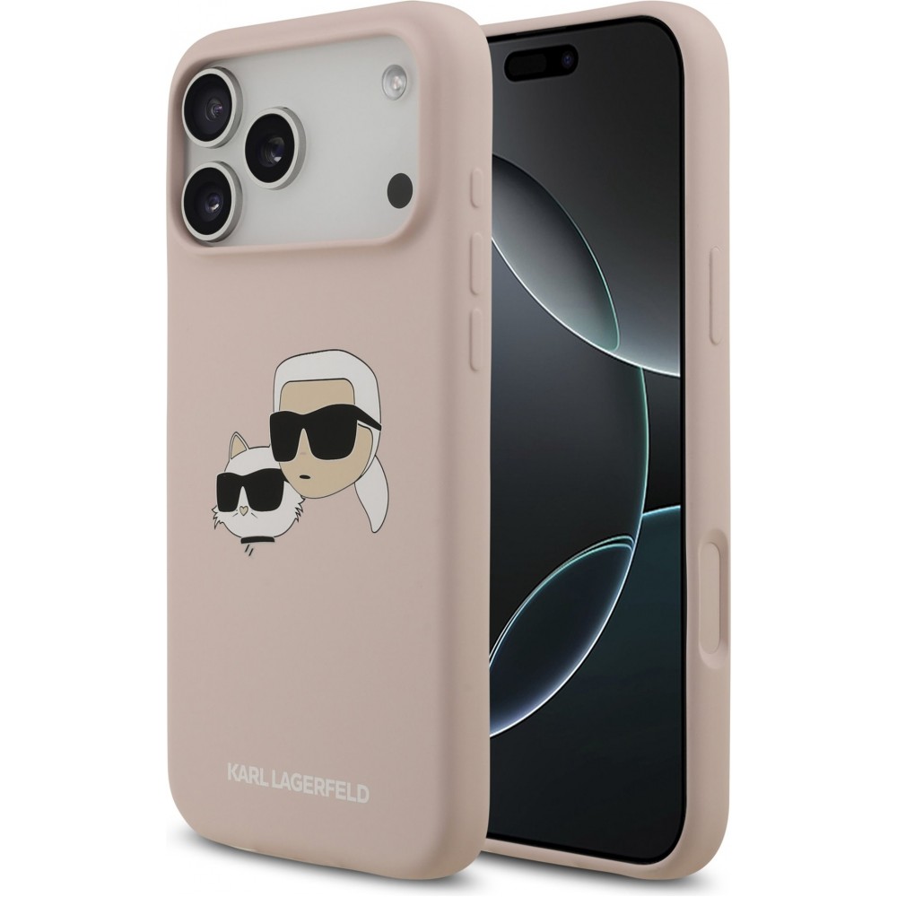 Coque iPhone 17 Pro Max - Karl Lagerfeld Liquid en silicone avec design tête Karl et Choupette compatible MagSafe - Rose
