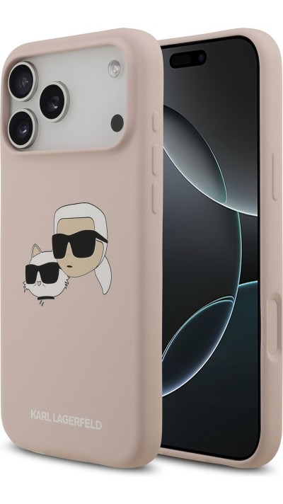Coque iPhone 17 Pro Max - Karl Lagerfeld Liquid en silicone avec design tête Karl et Choupette compatible MagSafe - Rose