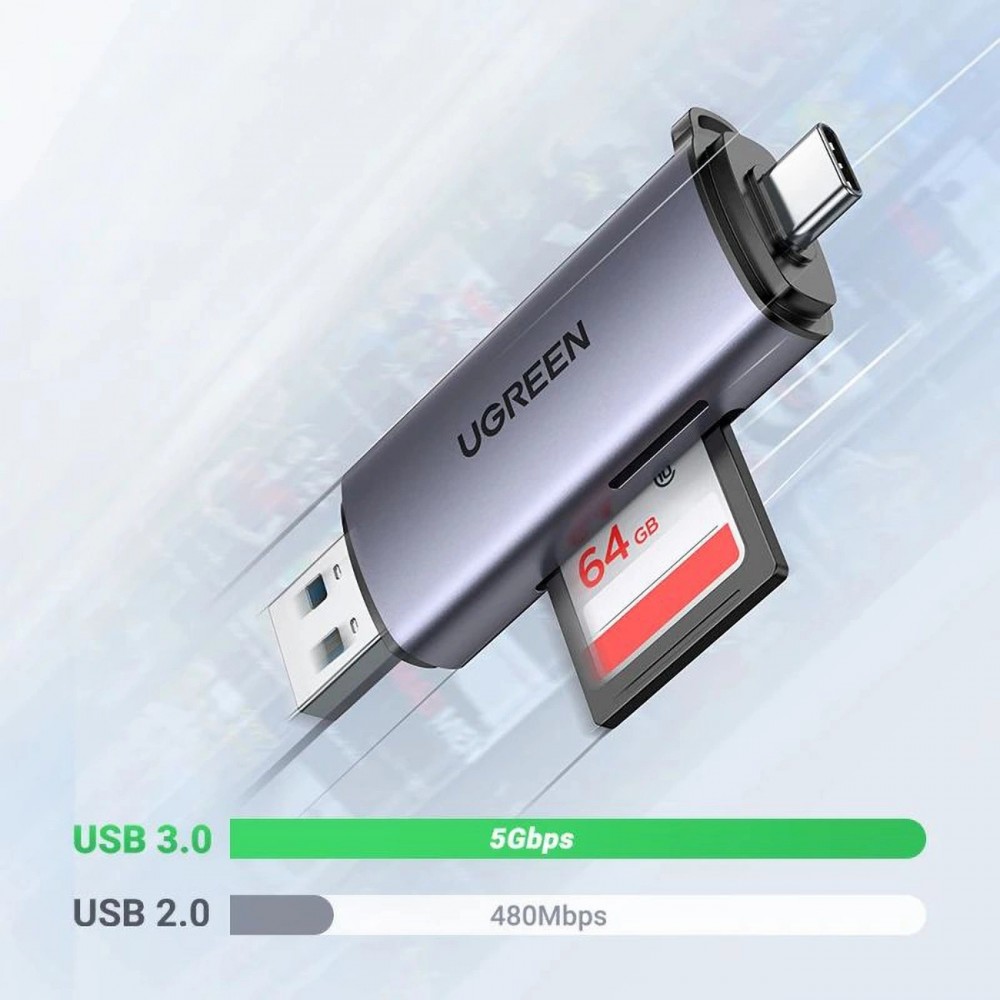 Lecteur de cartes Ugreen 2 en 1 avec USB-C / USB-A 3.0 / SD Card / TF Card design ultra-compact - Gris