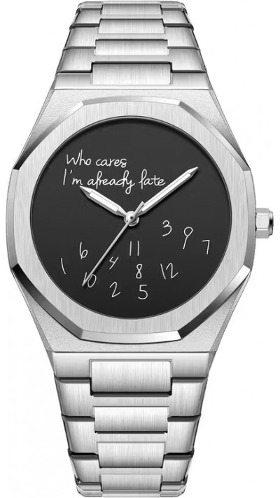 Minimalistische Uhr Who cares I'm already late (schwarzem Zifferblatt) 42 mm - Silber