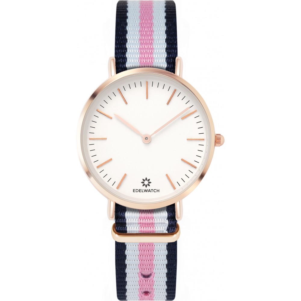 Montre Edelwatch 32 mm (Ladies) cadran doré fond blanc (pile non incluse) - Bracelet bleu / blanc / rose