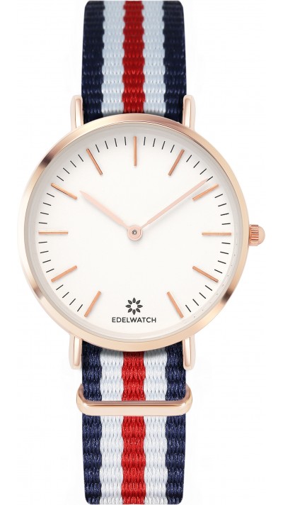Montre Edelwatch 32 mm (Ladies) cadran doré fond blanc (pile non incluse) - Bracelet bleu foncé / blanc / rouge