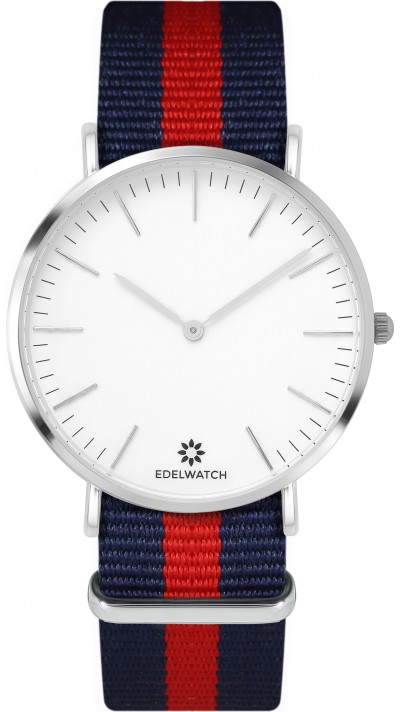 Montre Edelwatch 41 mm (Men) cadran argenté fond blanc (pile non incluse) - Bracelet bleu / rouge