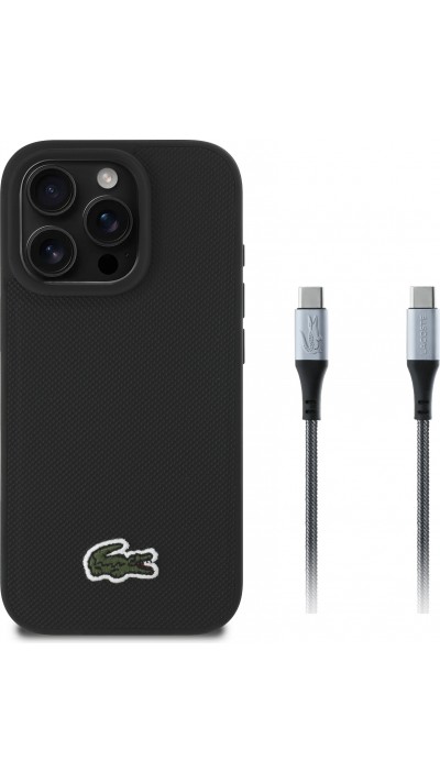 iPhone 16 Pro Case Hülle - Lacoste Iconique Petit Piqué Pack mit gewebtem Logo und USB-C zu USB-C Datenkabel - Schwarz