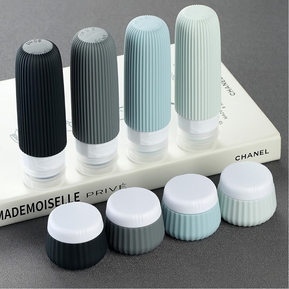 Reiseset Silikonflaschen (8 Teile) wasserdicht f&uuml;r Kosmetik und Hygiene mit transparentem Rei&szlig;verschlussbeutel (90 ml Tuben)