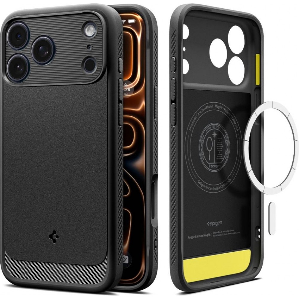Coque iPhone 17 Pro - Spigen Rugged Armor MagFit compatible MagSafe r&eacute;sistante et durable - Noir