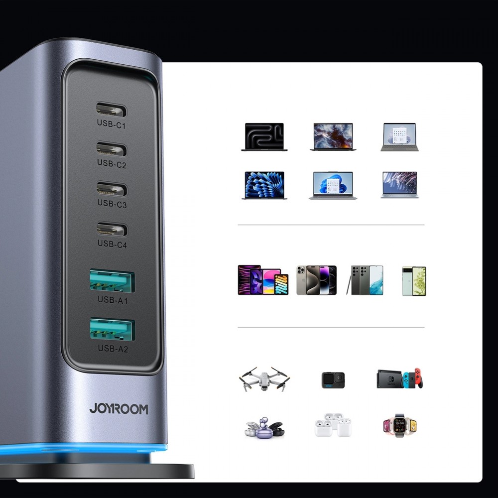 Station de charge GaN 65W Joyroom JR-TCM02 multi-ports 4x USB-C / 2x USB-A - Gris