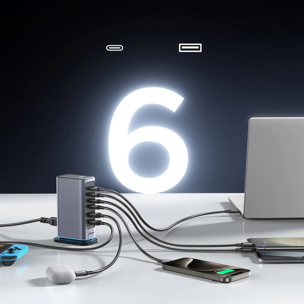 Station de charge GaN 65W Joyroom JR-TCM02 multi-ports 4x USB-C / 2x USB-A - Gris