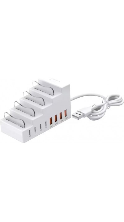 Station de charge rapide 8-en-1 66W avec 4 ports USB + 4 ports USB-C PD support smartphone et organiseur de bureau - Blanc
