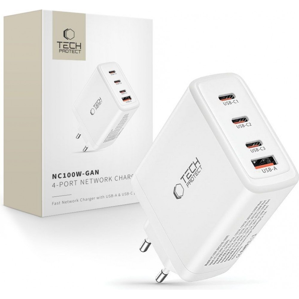 Tech-Protect NC100W-GAN chargeur 100W 3x USB-C PD / USB-A QC 3.0 - Blanc