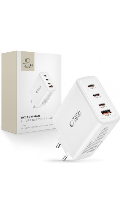 Tech-Protect NC100W-GAN chargeur 100W 3x USB-C PD / USB-A QC 3.0 - Blanc