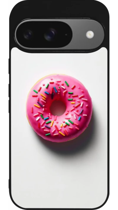 Google Pixel 9 / Pixel 9 Pro Case Hülle - Silikon schwarz Weisser Hintergrund, pinker Donut