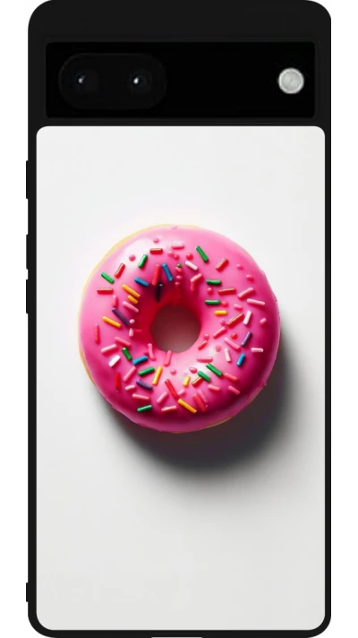 Google Pixel 6a Case Hülle - Silikon schwarz Weisser Hintergrund, pinker Donut