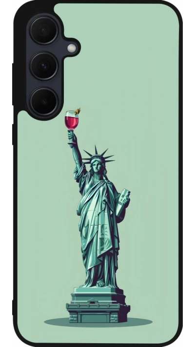Coque Samsung Galaxy A56 - Silicone rigide noir Wine Statue de la liberté avec un verre de vin