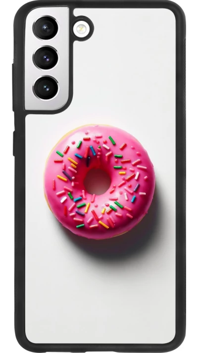 Samsung Galaxy S21 FE 5G Case Hülle - Silikon schwarz Weisser Hintergrund, pinker Donut