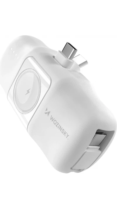 Wozinsky WF16-YCS 5000mAh 15W USB-C Mini Powerbank mit integriertem USB-C Kabel und Apple Watch Ladegerät - Weiss