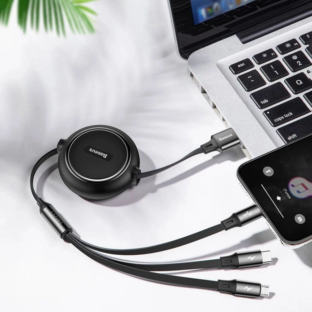 Câble Extensible 3 en 1 Baseus Golden Loop USB - Micro USB / Lightning / USB-C (3.5A) 35cm - 120cm (CAMLT-JH01) - Noir